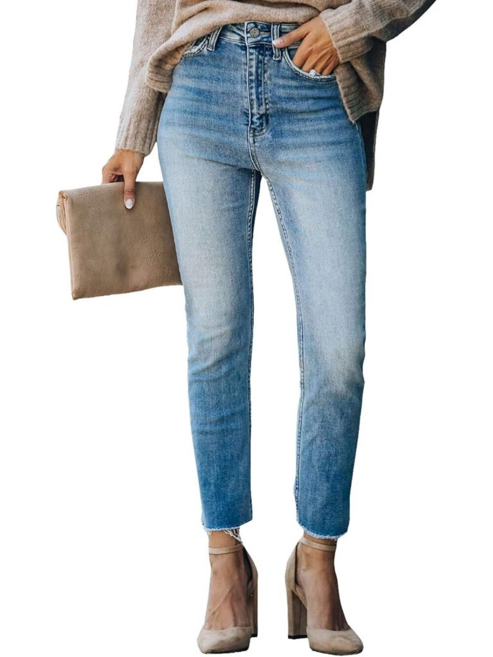Women's Sky Blue Cotton Blend Soft Casual Stretchy Ripped Denim Boyfriend Pants